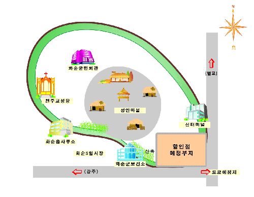 남산 고성 추정도. 군민회관~읍사무소~보건소~신터미널을 잇는다. 